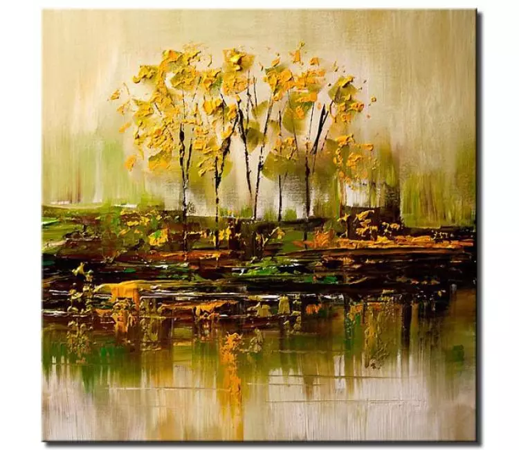 forest painting - yellow green abstract landscape art on canvas original trees painting textured modern square trees art