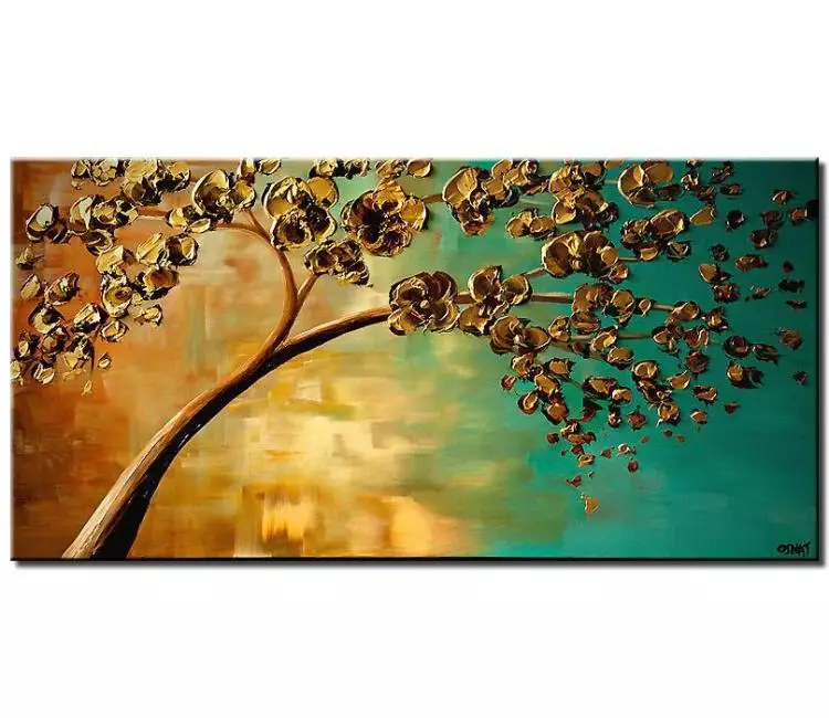 forest painting - abstract gold tree painting on canvas original acrylic turquoise gold abstract blooming tree painting modern 3d art