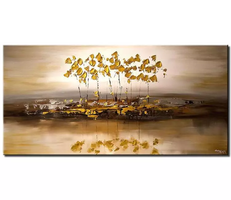 landscape paintings - gold white abstract trees painting on canvas modern palette knife abstract nature art neutral wall art