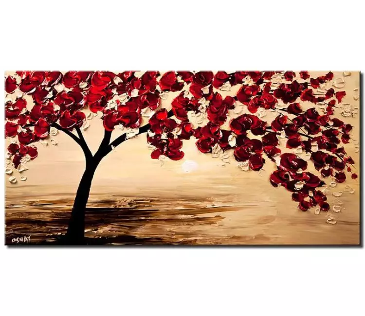 forest painting - red blossom tree painting on canvas original red beige textured blooming tree art modern palette knife