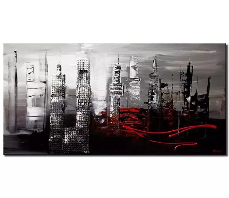 cityscape painting - minimalist abstract city art on canvas black white original painting textured modern living room wall art