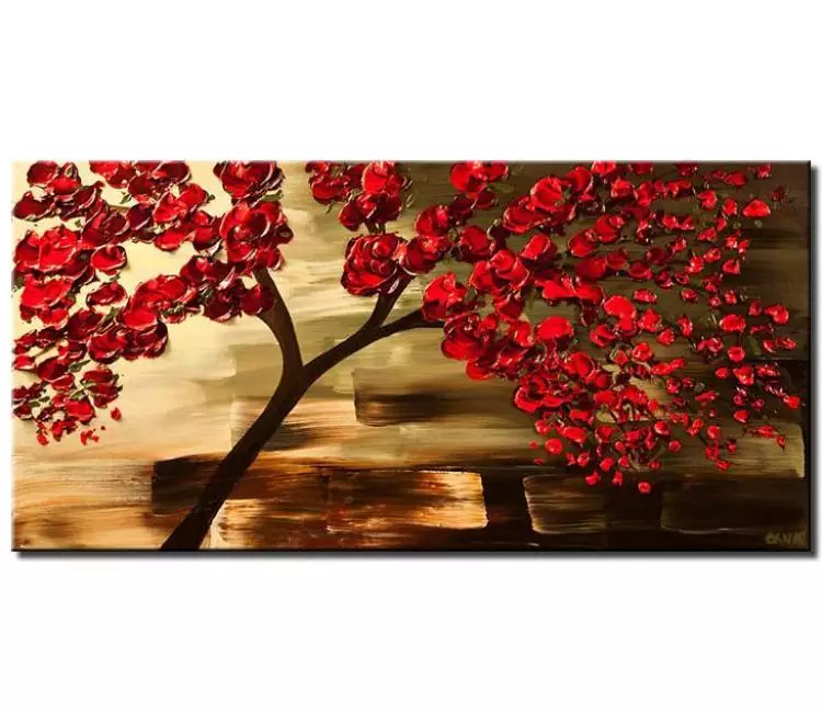 forest painting - abstract red green blooming tree acrylic painting on canvas original textured modern tree art