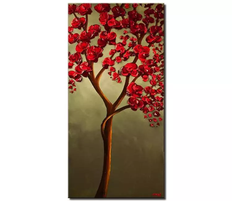 forest painting - red blooming tree painting on olive background