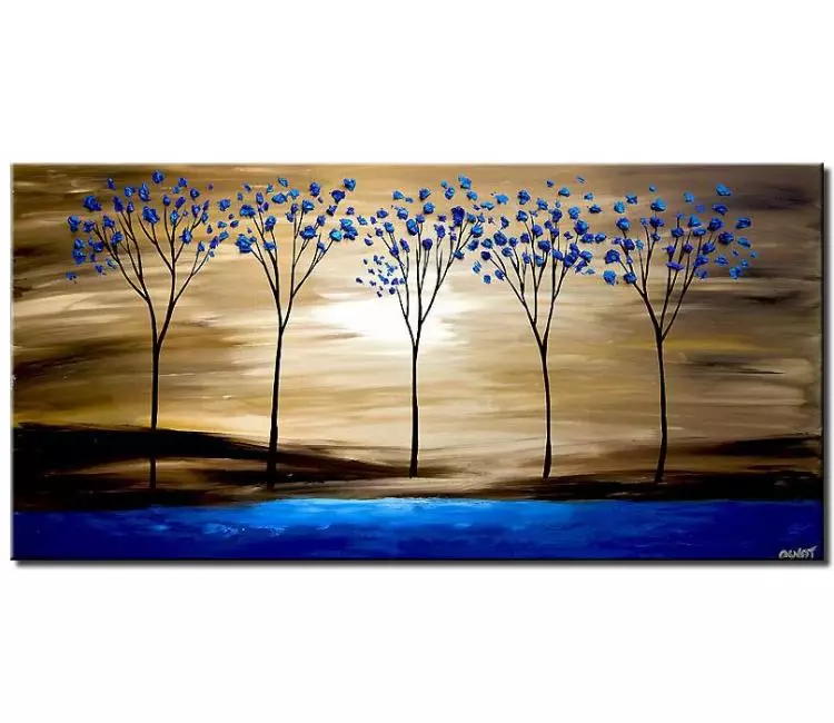 forest painting - original abstract landscape art on canvas for living room minimalist blue beige trees painting textured acrylic painting