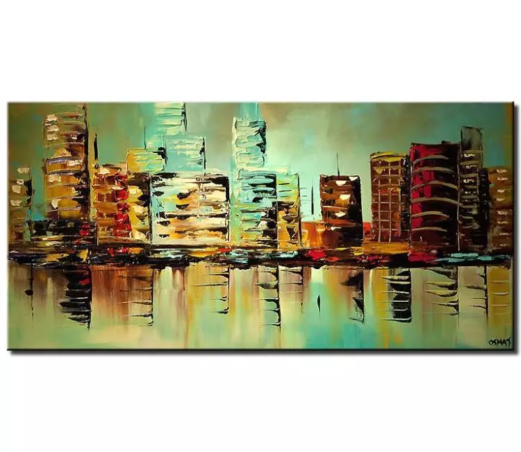 cityscape painting - original green city painting on canvas textured abstract city art modern living room wall art