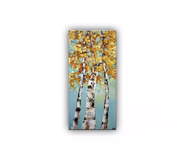 landscape paintings - Aspen white birch trees painting on canvas original light blue yellow abstract fall trees painting textured vertical modern art