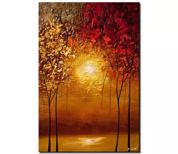 forest painting - Fall trees painting on canvas abstract red gold painting textured original forest painting modern landscape art for living room