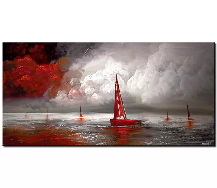 sailboats painting - minimalist sailboats painting on canvas hand made textured grey red painting stormy ocean painting modern art