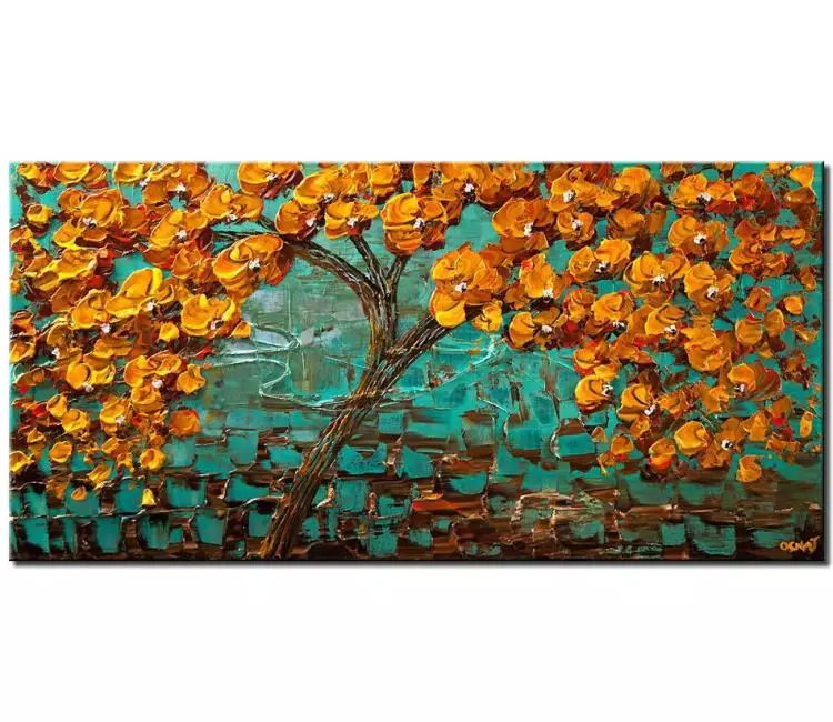 forest painting - orange turquoise abstract tree painting on canvas original minimalist blooming tree art textured modern living room wall art