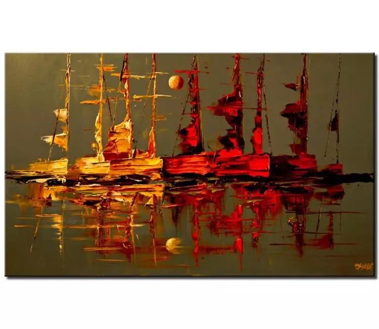 sailboats painting - modern green red abstract sailboats painting on canvas original boats painting contemporary art
