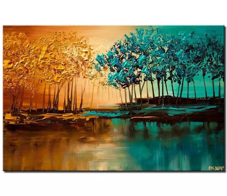 forest painting - modern turquoise abstract landscape painting on canvas original textured forest trees painting modern art