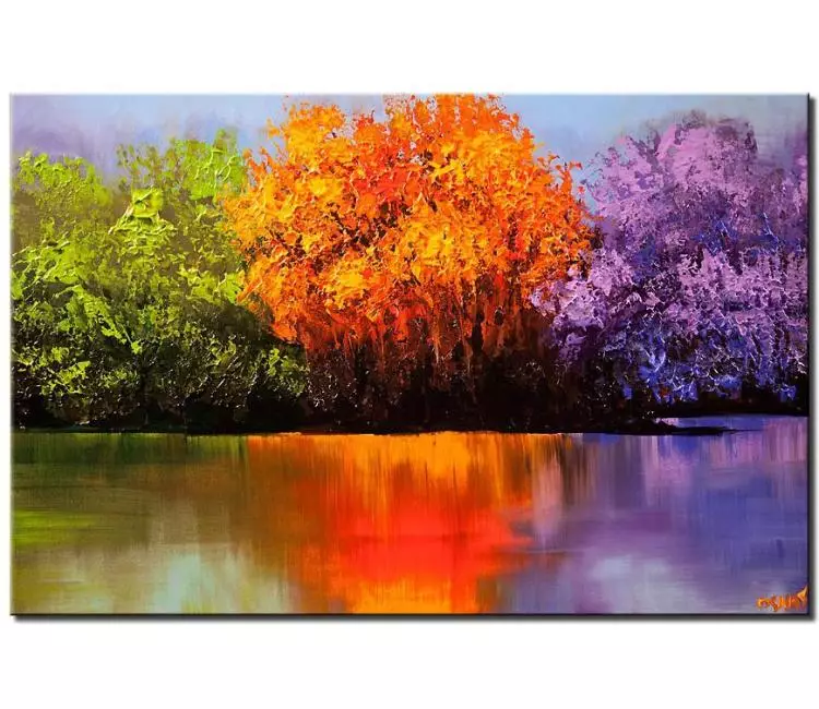 landscape paintings - purple orange green abstract landscape painting on canvas  original textured forest trees painting modern art