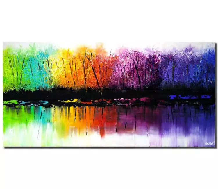 forest painting - colorful abstract landscape tree painting on canvas original colorful forest trees art textured modern art for living room
