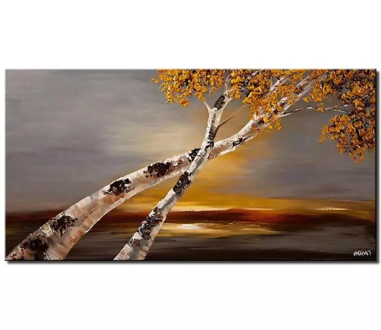 landscape paintings - original white birch tree painting on canvas minimalist tree painting grey gold abstract landscape modern art