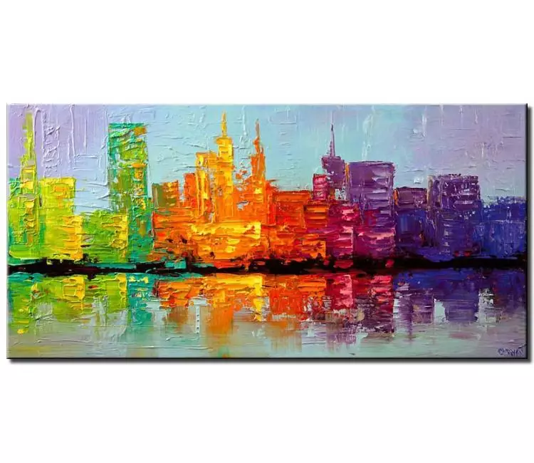cityscape painting - Colorful city painting on canvas original textured city art  modern office home art