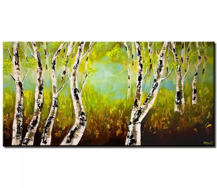 landscape paintings - modern green abstract forest landscape art for living room on canvas original textured white birch trees painting