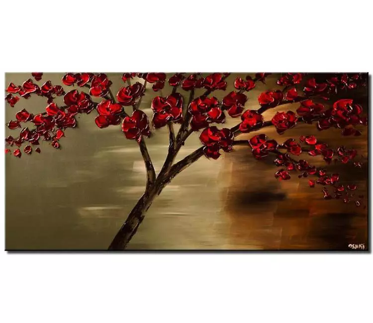 forest painting - red green abstract blossom tree painting on canvas for living room original textured modern tree art