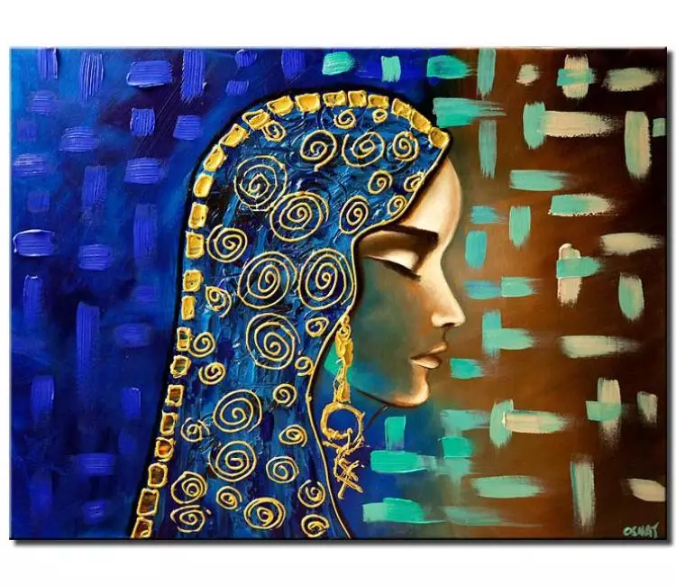 figure painting - blue gold abstract woman portrait painting on canvas original modern textured painting