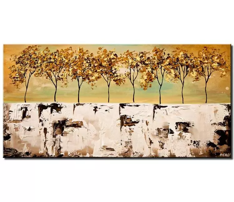 forest painting - gold white abstract landscape art on canvas original trees painting modern textured wall art