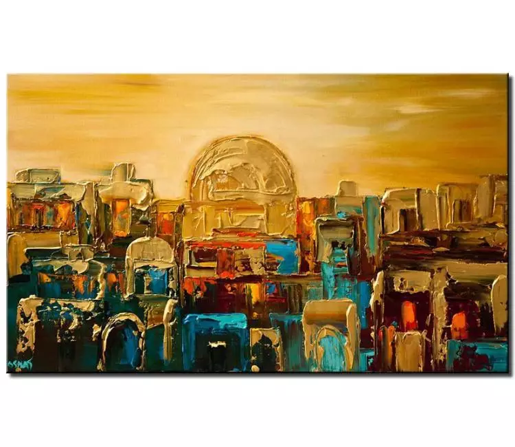 religious painting - modern abstract Jerusalem painting on canvas original gold turquoise Jewish art