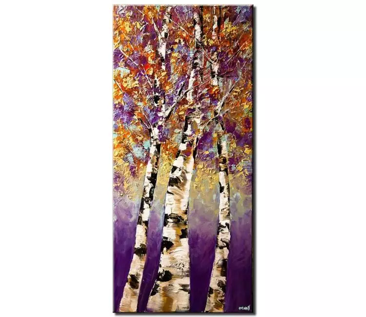 landscape paintings - purple orange birch trees art on canvas living room wall artoriginal textured Aspen white birch tree art