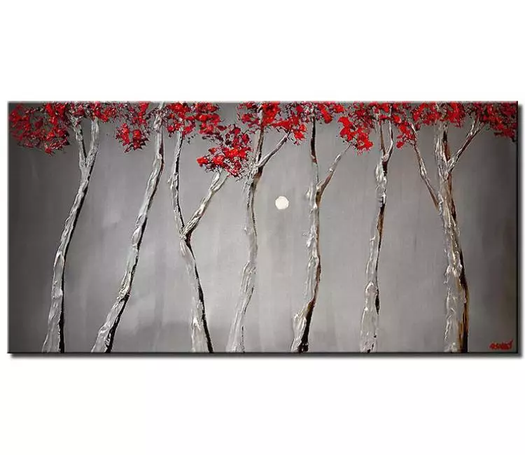forest painting - minimalist abstract trees painting on canvas in gray red colors original textured living room wall art