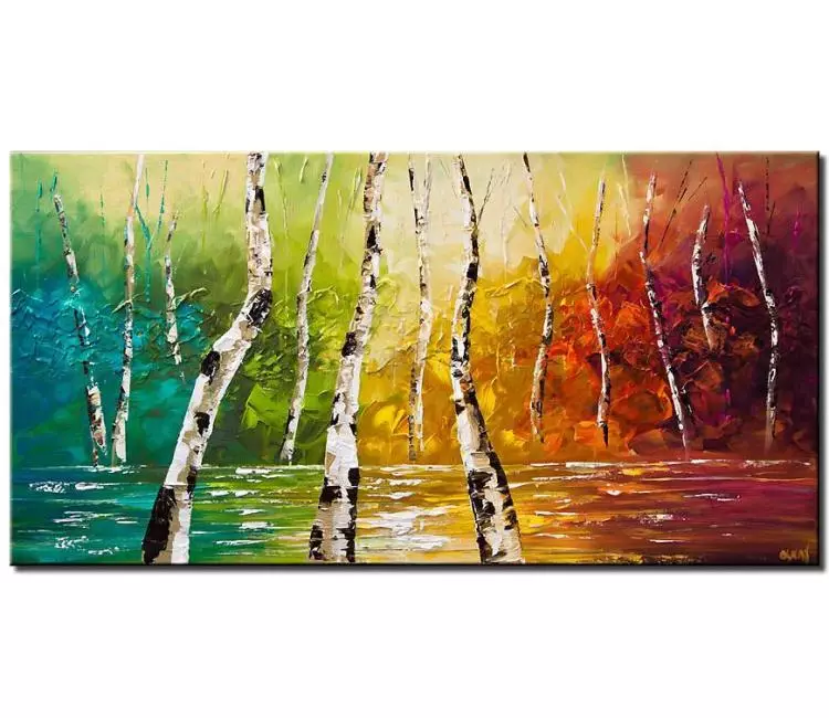 landscape paintings - colorful abstract landscape art birch trees painting on canvas original modern textured forest trees painting modern artwork
