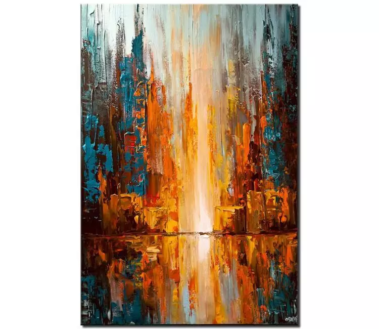cityscape painting - teal orange city painting on canvas original textured modern city art for living room