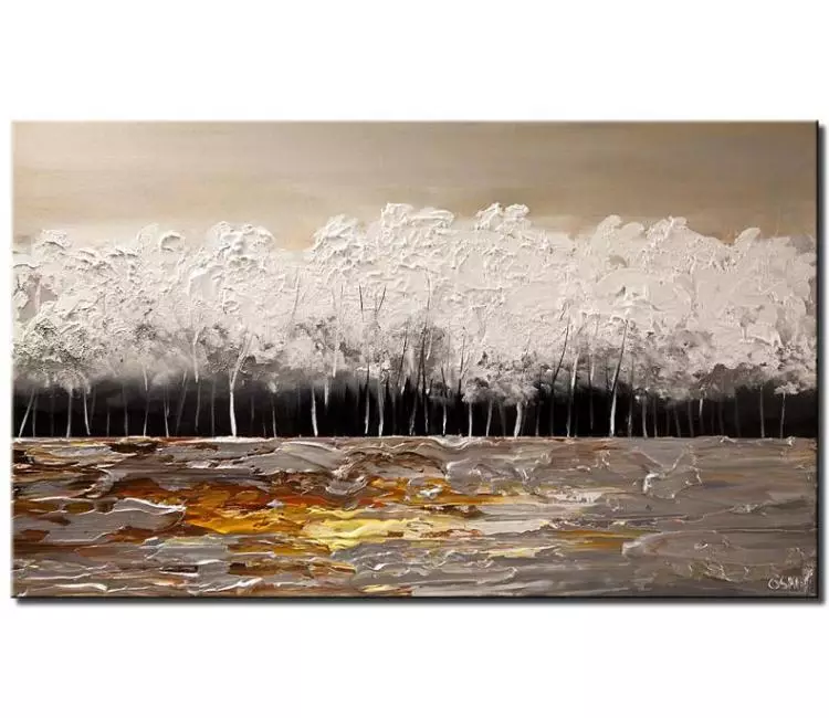 landscape painting - white silver gold forest painting on canvas original textured abstract landscape art in winter minimalist trees painting