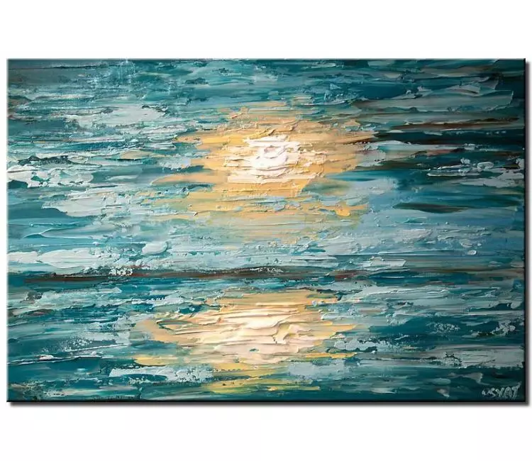 sailboats painting - abstract seascape painting on canvas original 3d textured art in teal blue colors calming wall art minimalist sunset painting