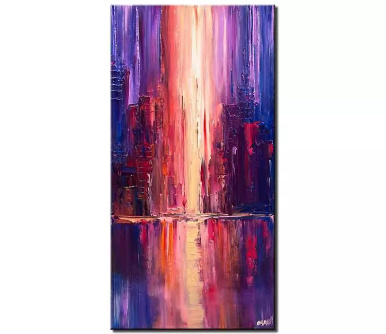 cityscape painting - purple abstract city painting palette knife