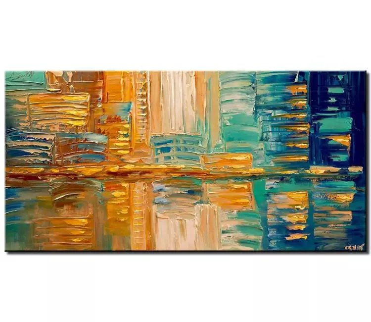 cityscape painting - turquoise orange abstract city painting on canvas original modern textured city art for home and office
