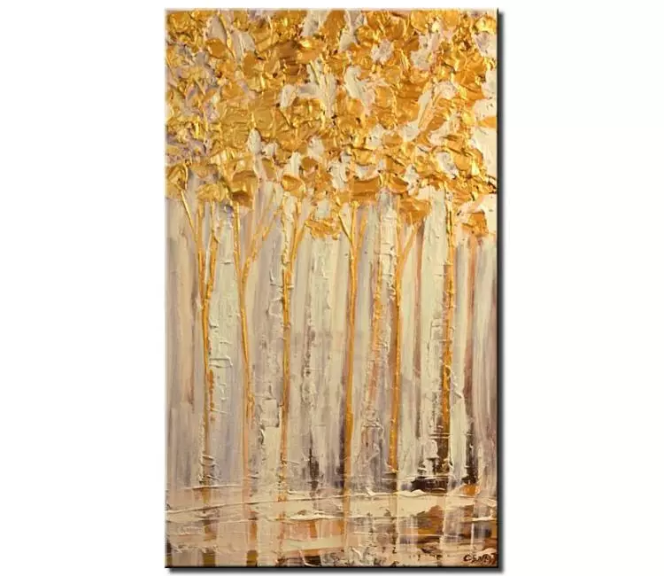forest painting - neutral trees painting on canvas original textured trees art modern gold beige painting
