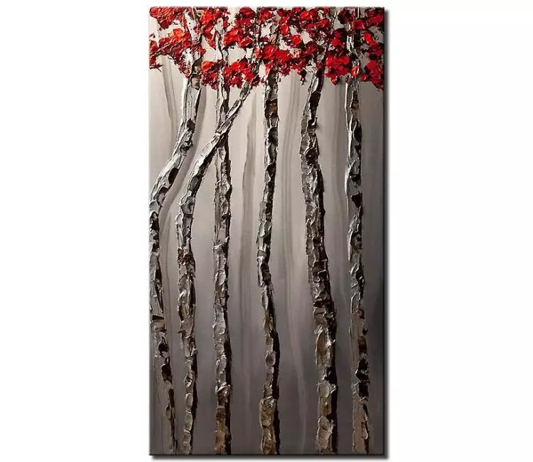 landscape paintings - silver red trees painting on canvas original vertical textured abstract trees art modern home decor