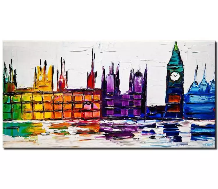 cityscape painting - colorful abstract city painting on canvas original Big Bang tower colorful city art
