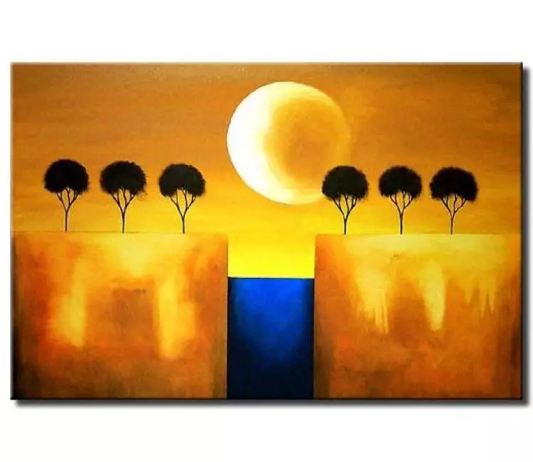 landscape paintings - blue yellow abstract moon painting on canvas modern living room wall art