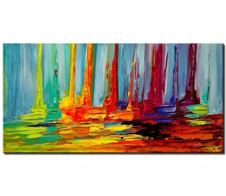 sailboats painting - Colorful Abstract Sailboats painting on Canvas original textured boats painting colorful living Room office Wall Art
