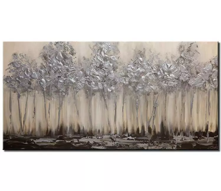 forest painting - tree painting on canvas original modern neutral wall art textured silver trees painting living room wall art