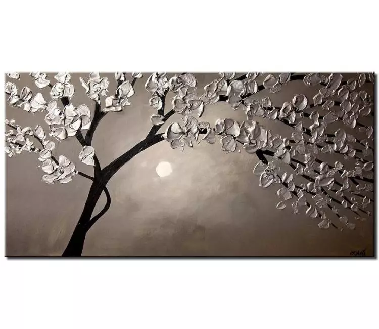 forest painting - silver blooming tree painting on canvas original textured big silver tree art modern decor