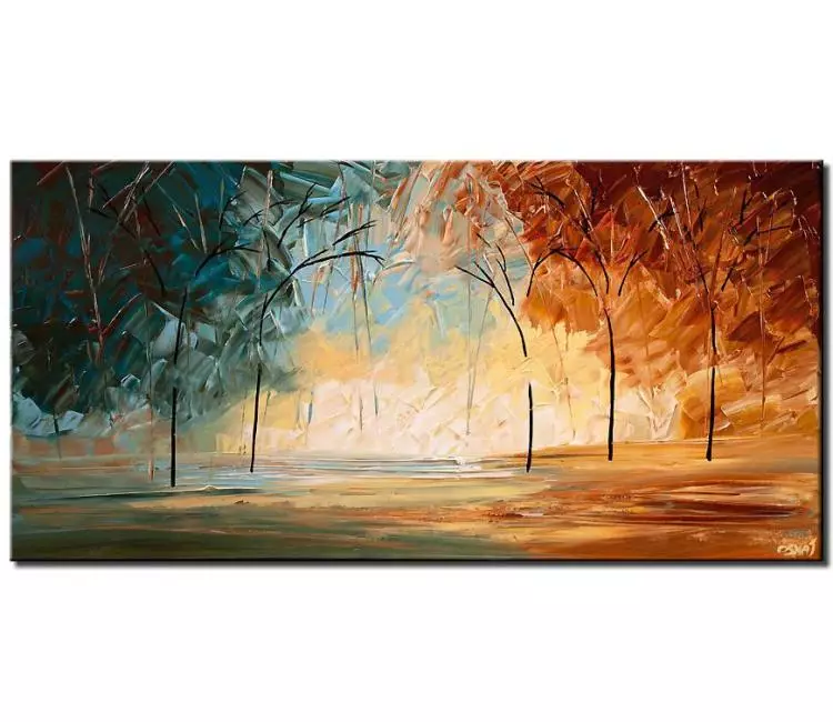 landscape paintings - neutral forest painting on canvas original abstract landscape art for living room textured tree painting modern teal rust art