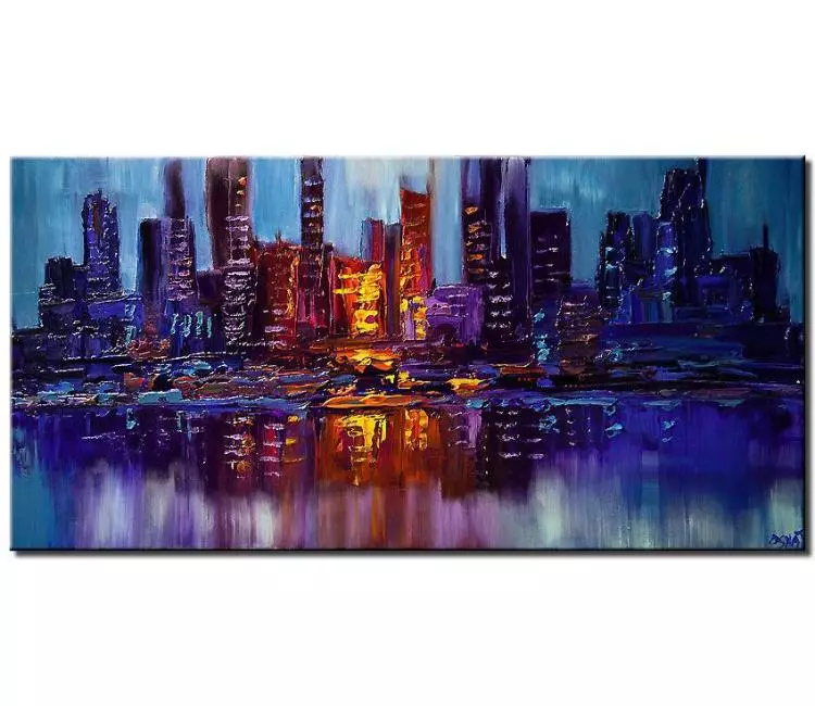 cityscape painting - blue purple abstract city painting on canvas original textured abstract city art modern art