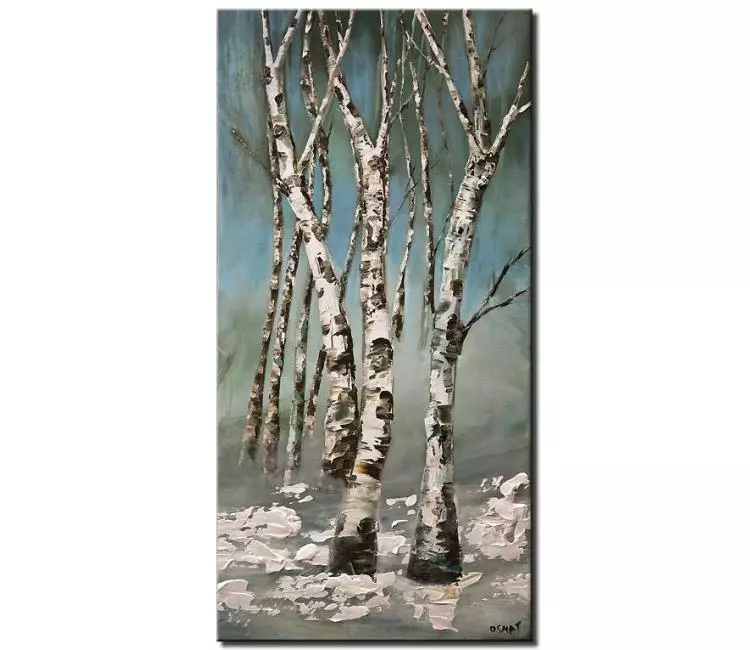 landscape paintings - birch trees painting on canvas minimalist light blue white textured original Aspen birch tree art in winter landscape
