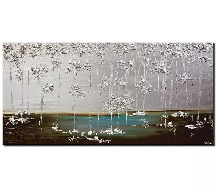 landscape paintings - silver blooming trees painting on canvas original textured minimalist modern art