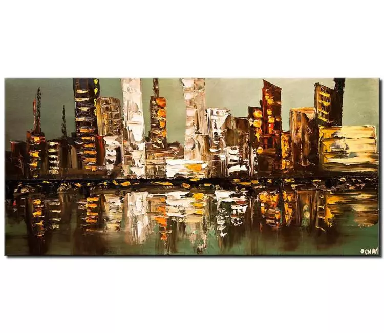 cityscape painting - brown green abstract painting on canvas minimalist city painting original textured 3d city art modern living room wall art
