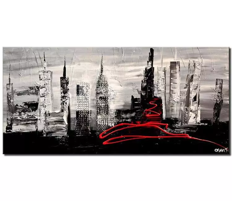 cityscape painting - black white abstract painting on canvas minimalist city painting original textured 3d art modern living room wall art
