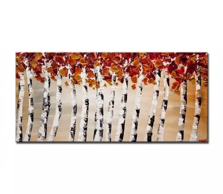 landscape paintings - red white abstract birch trees painting on canvas minimalist  original modern textured living room wall art