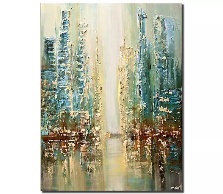 cityscape painting - light blue cityscape painting on canvas original city art textured modern dining room living room abstract wall art