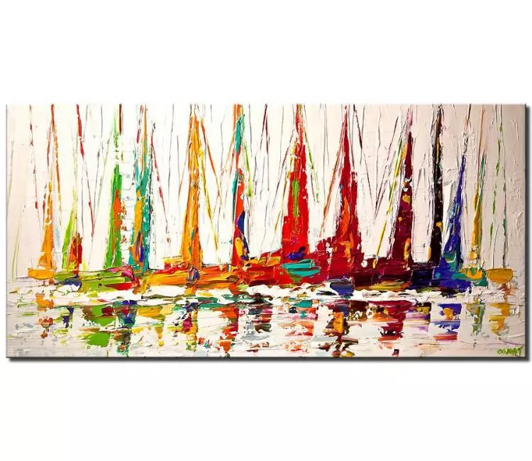 sailboats painting - colorful sailboats painting on canvas original textured boat painting modern sailing art gift