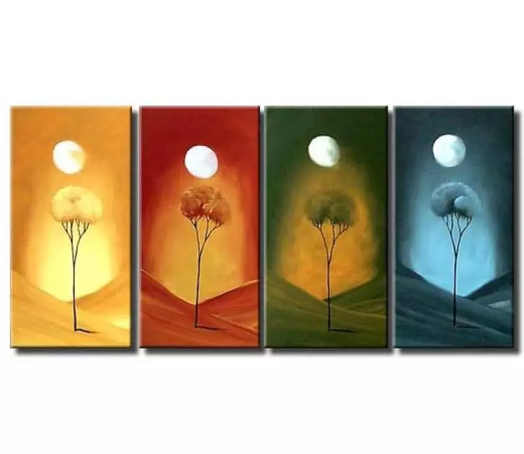 landscape paintings - abstract blooming trees painting on multi panel canvas earth tone colors moon painting art