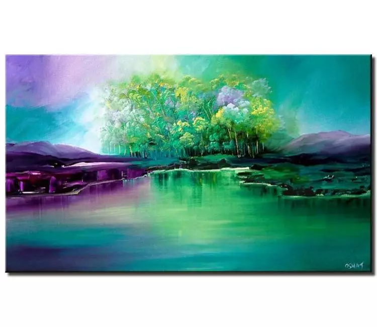 print on canvas - canvas print of landscape of group of green trees near lake